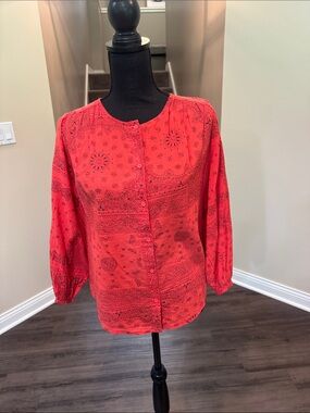 Women's Red Printed Button-Front Shirt - Casual Long Sleeve